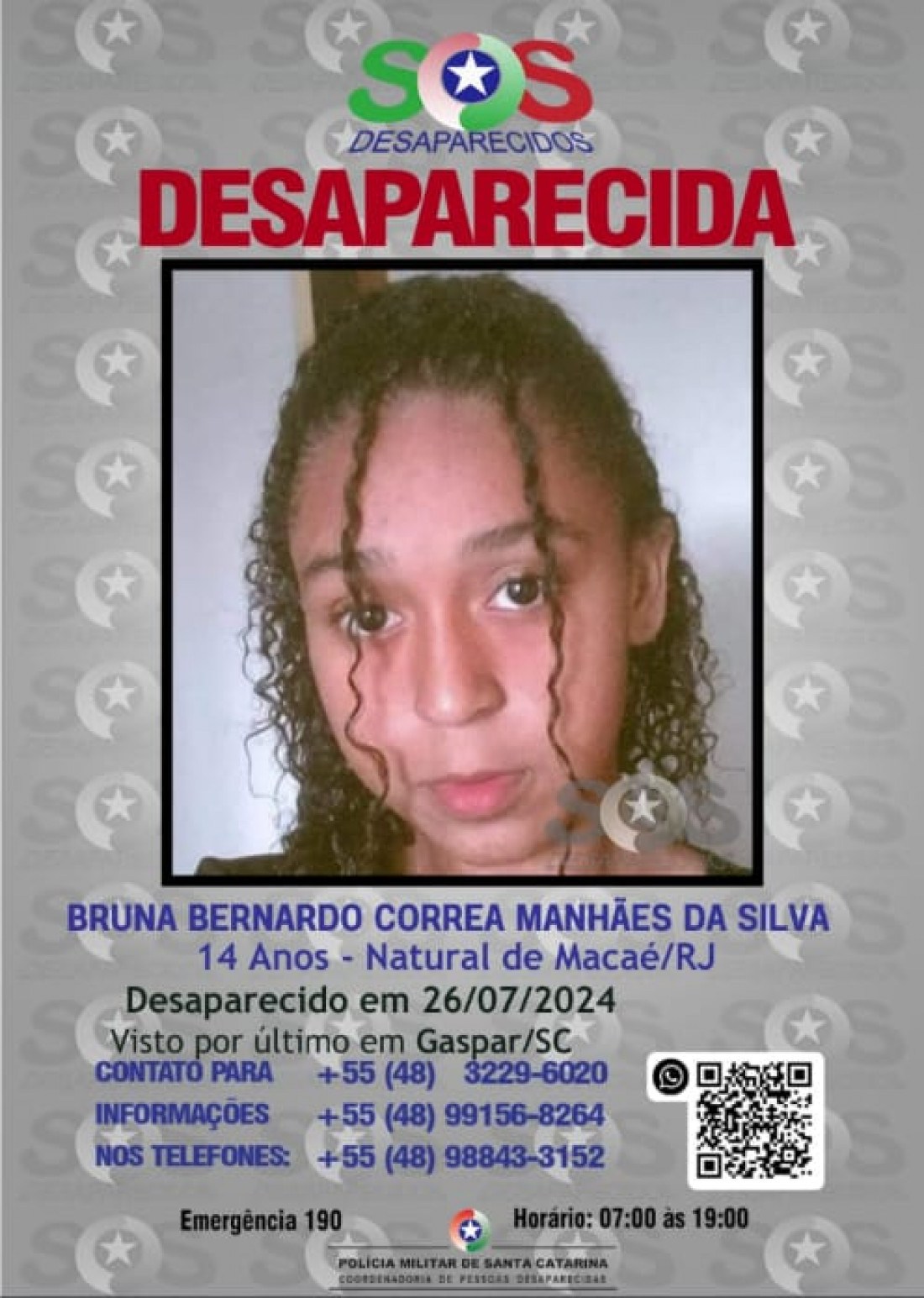 Bruna está na página de desaparecidos da PM/SC